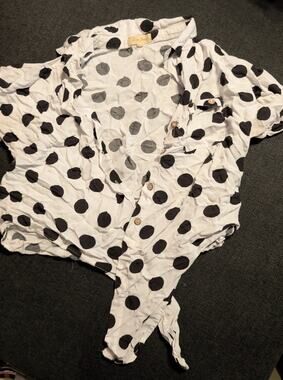White Tie-Front Polka Dot Blouse Size Small